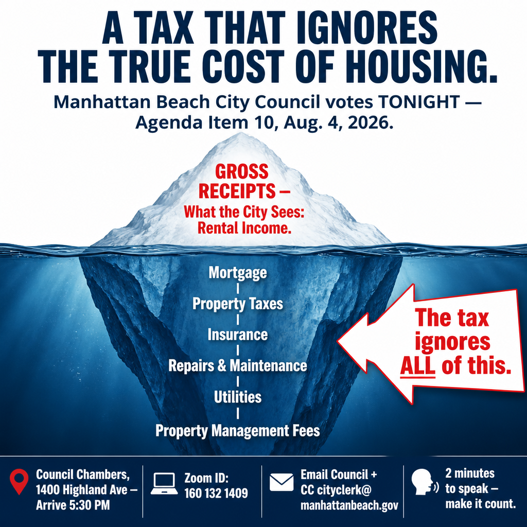 Manhattan Beach Considers a Gross Receipts Tax That Would More Than Double Rental Housing Fees 1 Manhattan Beach gross receipts business license tax alert — a tax that ignores the true cost of housing