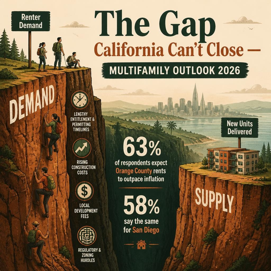 Chart illustrating the gap between renter demand and multifamily housing supply in California