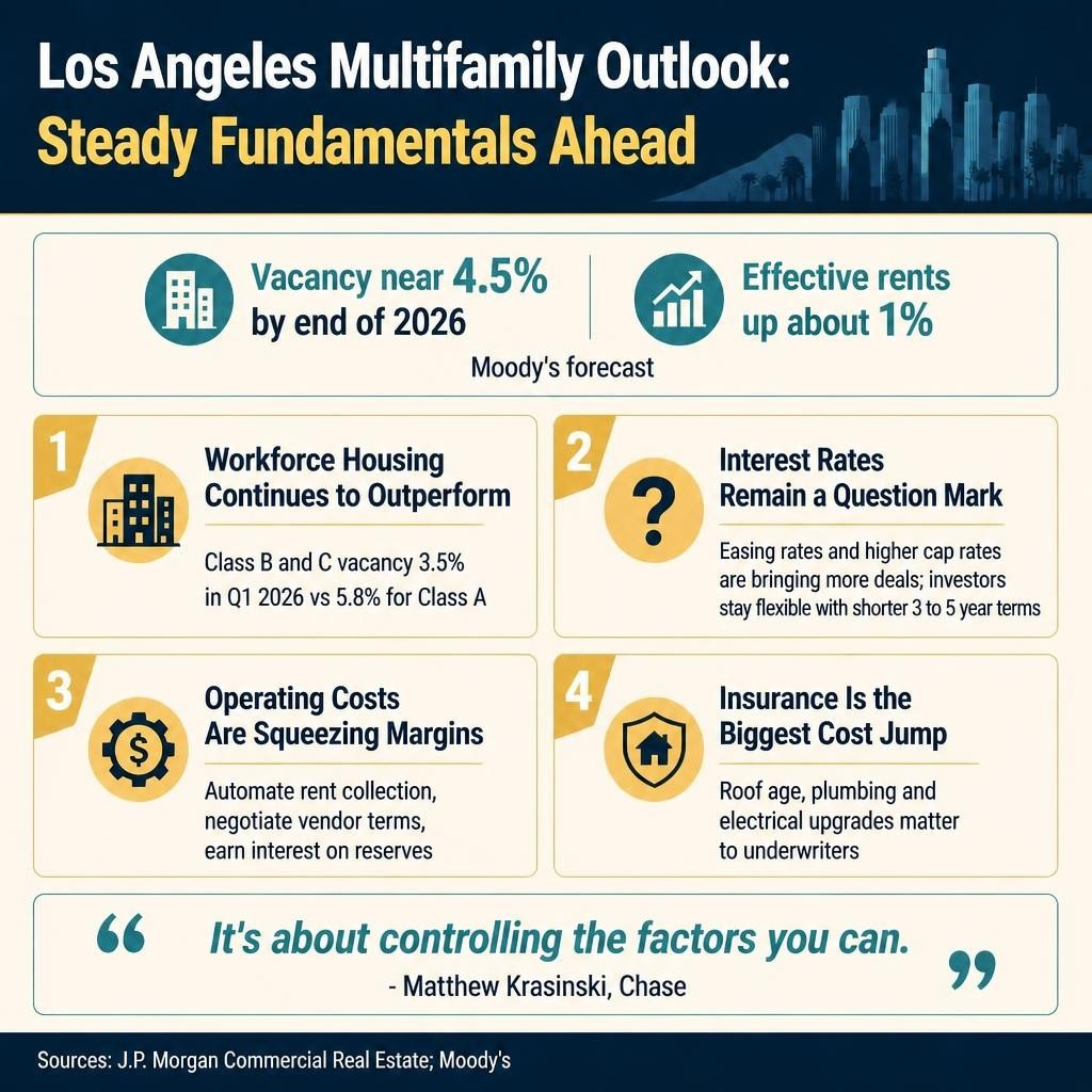 Los Angeles multifamily outlook infographic: vacancy near 4.5% and effective rents up about 1% by end of 2026, per Moody's